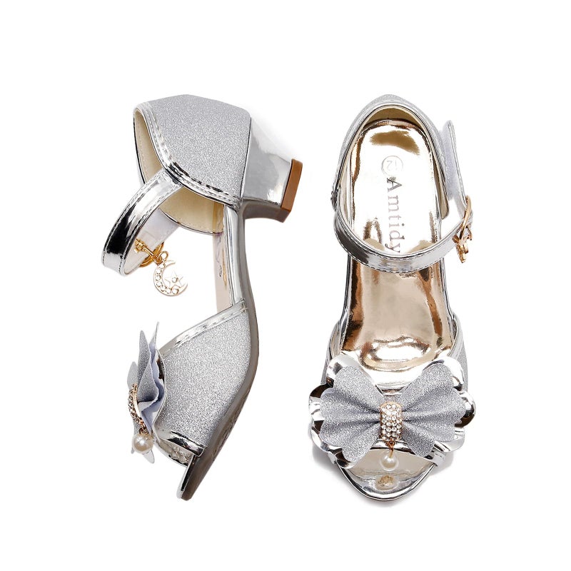 Amtidy High Heels Sandals Dress Shoes Wedge Performance Sequin Glitter Princess Sandals Dress Crystal High Shoes for Girls ï¼ˆ3.5M Little Kid, Silverï¼‰ - Image 1